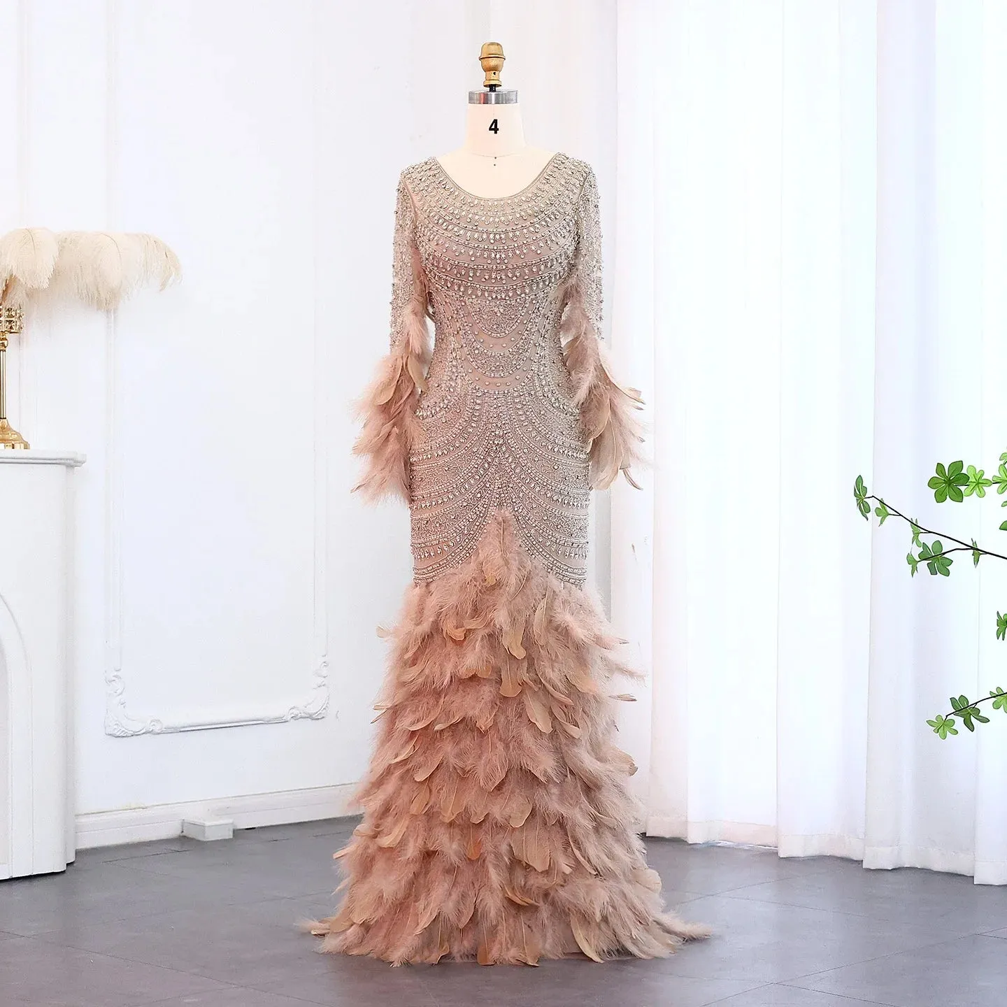 Exquisite Luxury Beaded Feather Nude Tulle Evening Dress