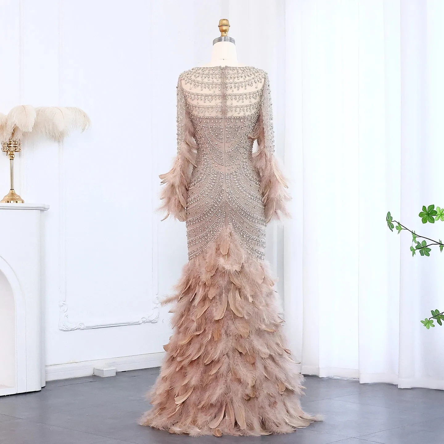 Exquisite Luxury Beaded Feather Nude Tulle Evening Dress