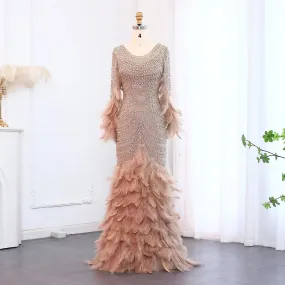 Exquisite Luxury Beaded Feather Nude Tulle Evening Dress
