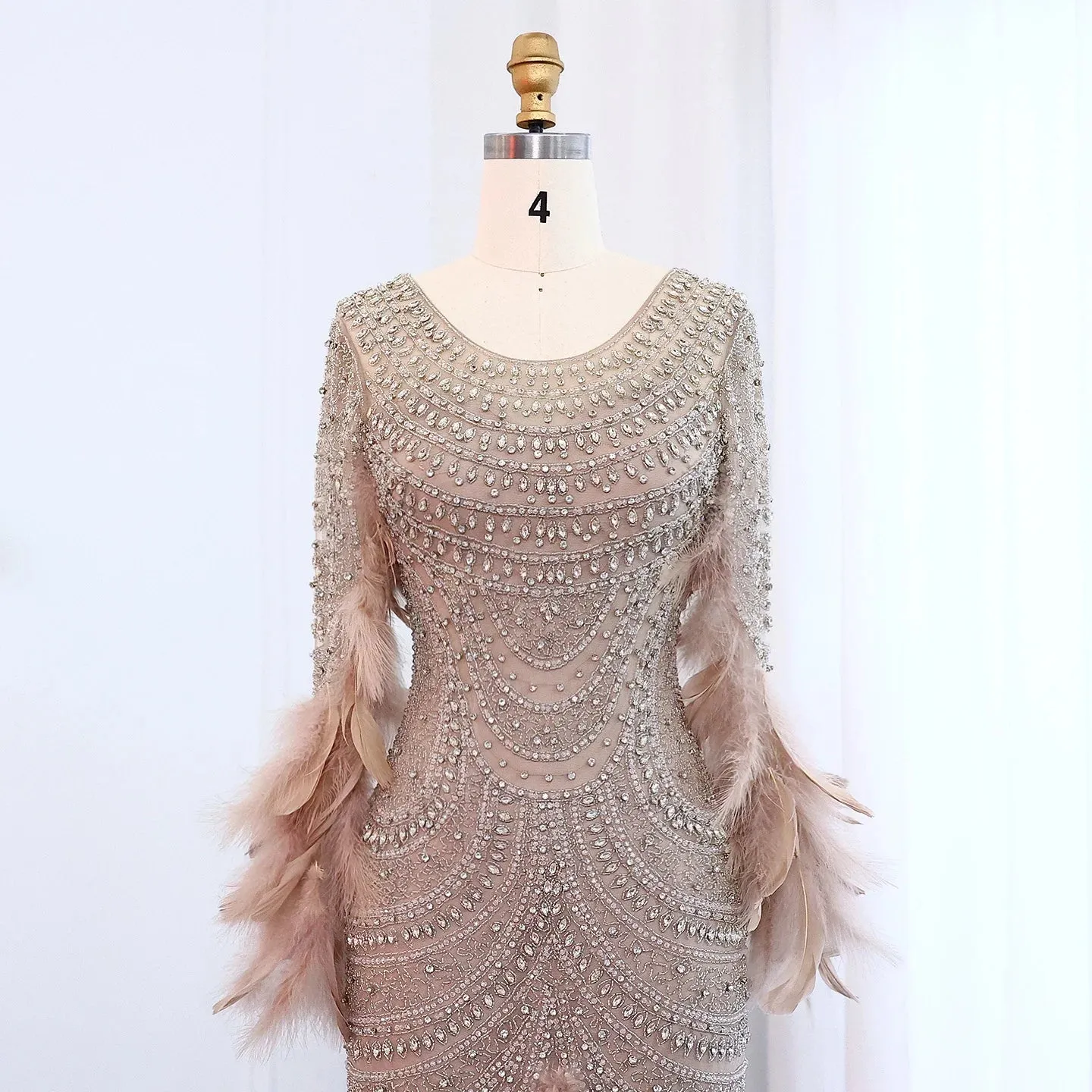 Exquisite Luxury Beaded Feather Nude Tulle Evening Dress
