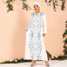 FashionSierra - Ladies Elegant Classical Floral Print Loose Large Size All-match Arab Dress Long Blue White Women's Dress