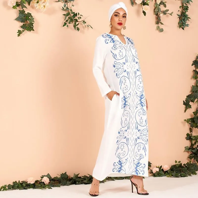 FashionSierra - Ladies Elegant Classical Floral Print Loose Large Size All-match Arab Dress Long Blue White Women's Dress
