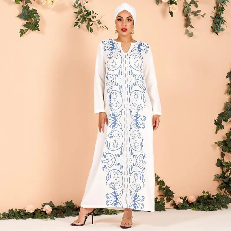 FashionSierra - Ladies Elegant Classical Floral Print Loose Large Size All-match Arab Dress Long Blue White Women's Dress