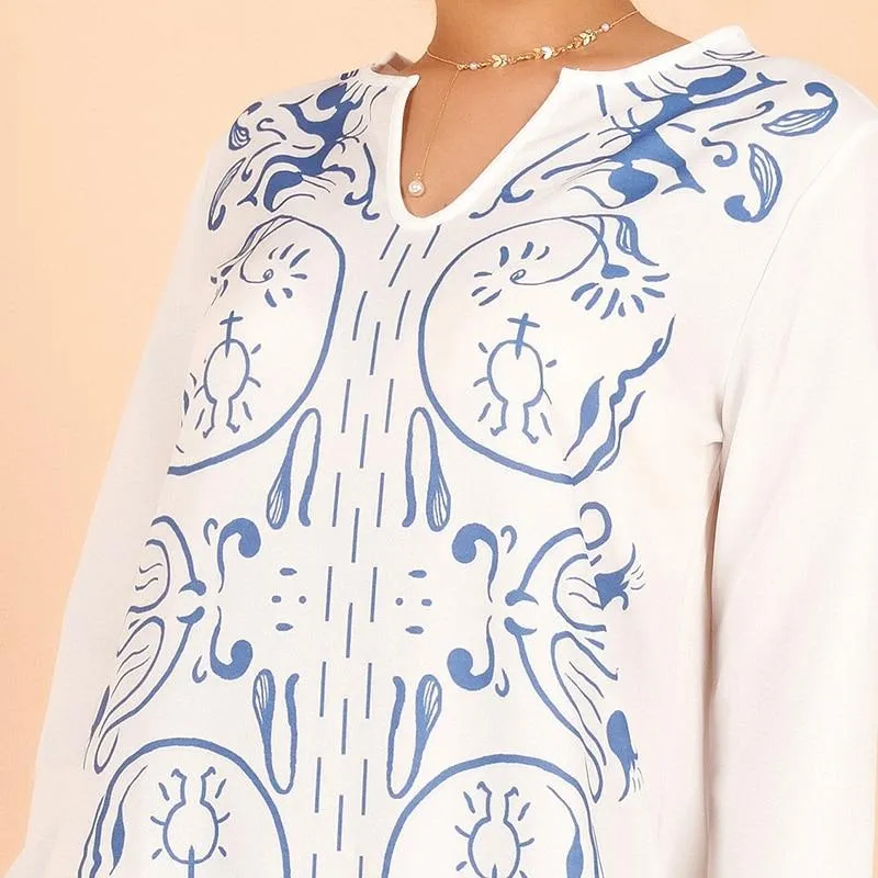 FashionSierra - Ladies Elegant Classical Floral Print Loose Large Size All-match Arab Dress Long Blue White Women's Dress