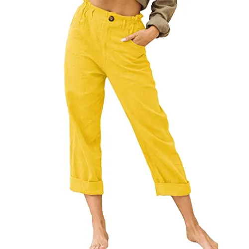 FashionSierra - Linen Buttons Cropped Pants High Elastic Waist Stretch Capris Casual Work Crop Pants