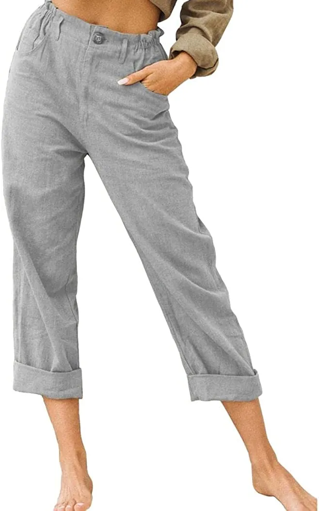 FashionSierra - Linen Buttons Cropped Pants High Elastic Waist Stretch Capris Casual Work Crop Pants