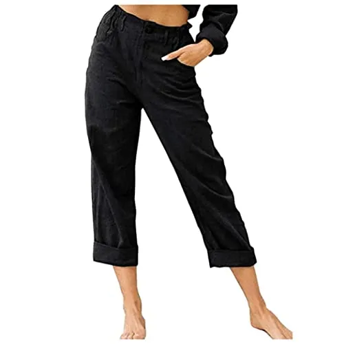 FashionSierra - Linen Buttons Cropped Pants High Elastic Waist Stretch Capris Casual Work Crop Pants