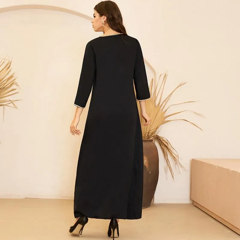 FashionSierra - Women's Fashion Arabian Style V-neck Gold Embroidery Pair Flower Long Loose Black Long Sleeve Dresses Plus Size