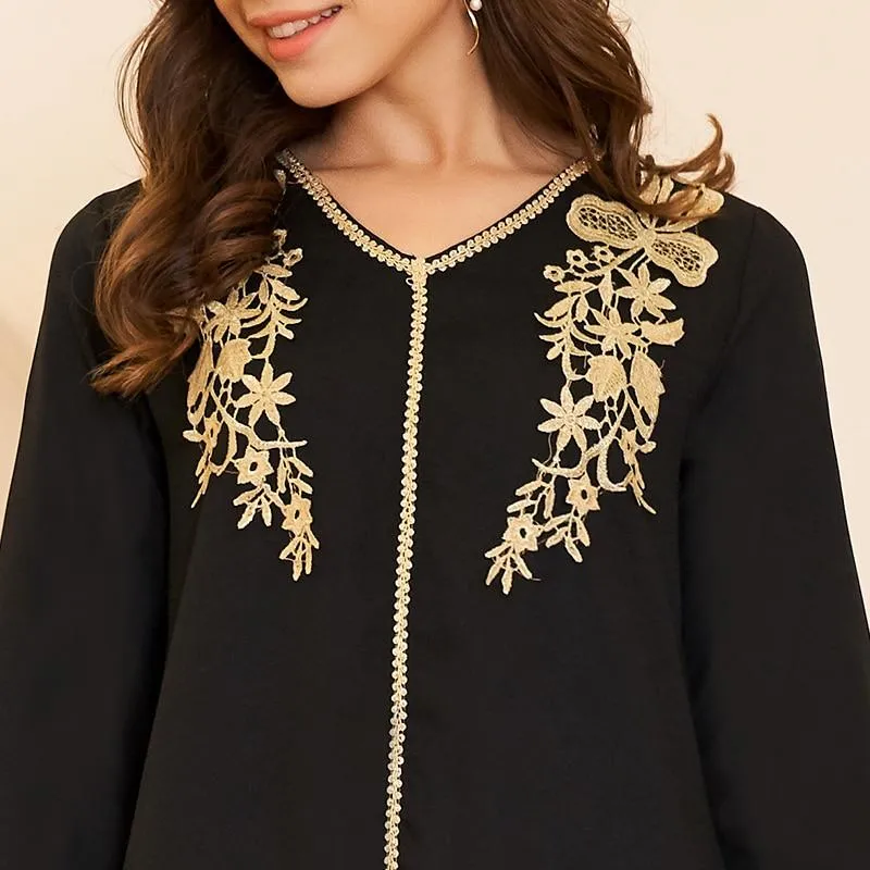 FashionSierra - Women's Fashion Arabian Style V-neck Gold Embroidery Pair Flower Long Loose Black Long Sleeve Dresses Plus Size
