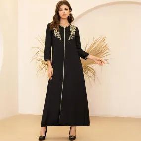 FashionSierra - Women's Fashion Arabian Style V-neck Gold Embroidery Pair Flower Long Loose Black Long Sleeve Dresses Plus Size