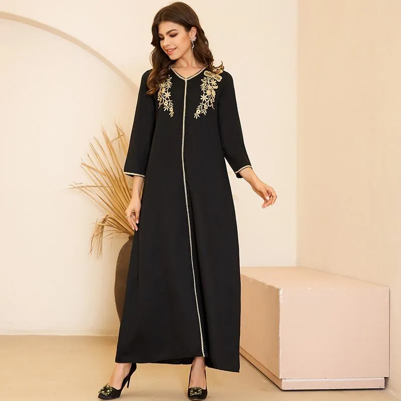 FashionSierra - Women's Fashion Arabian Style V-neck Gold Embroidery Pair Flower Long Loose Black Long Sleeve Dresses Plus Size