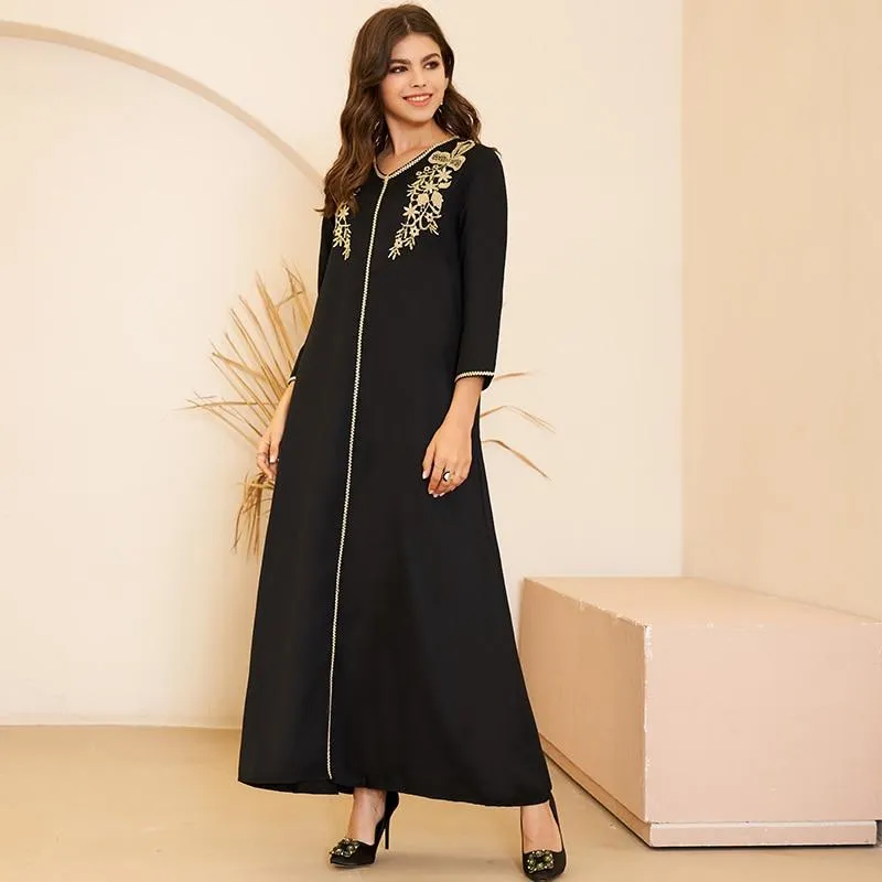 FashionSierra - Women's Fashion Arabian Style V-neck Gold Embroidery Pair Flower Long Loose Black Long Sleeve Dresses Plus Size