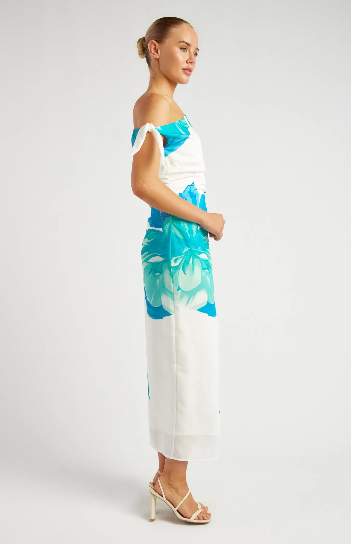 Floral Faux Linen Shoulder Tie Detail Midi Dress - Blue Teal