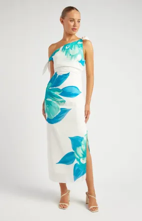 Floral Faux Linen Shoulder Tie Detail Midi Dress - Blue Teal