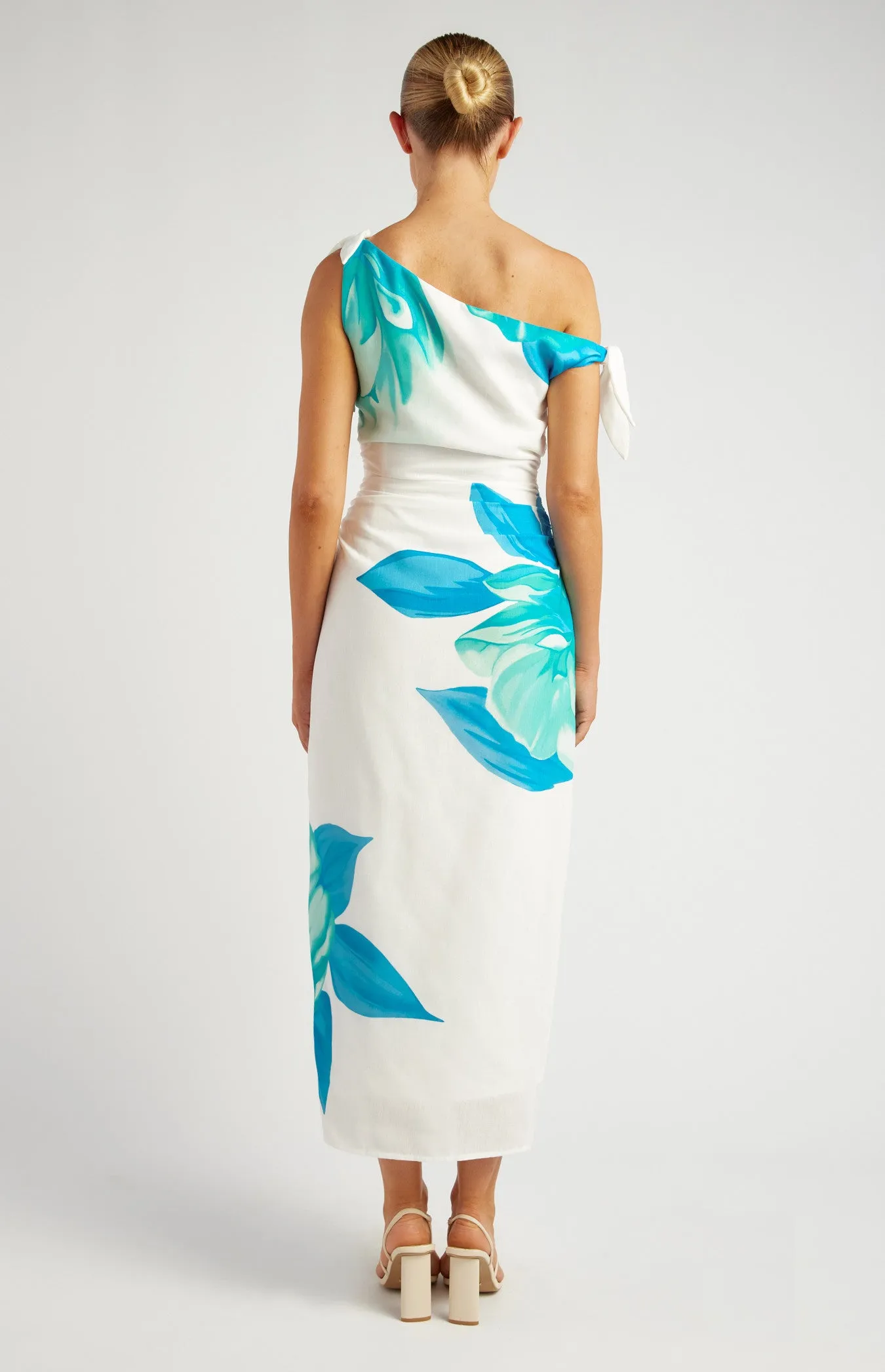 Floral Faux Linen Shoulder Tie Detail Midi Dress - Blue Teal