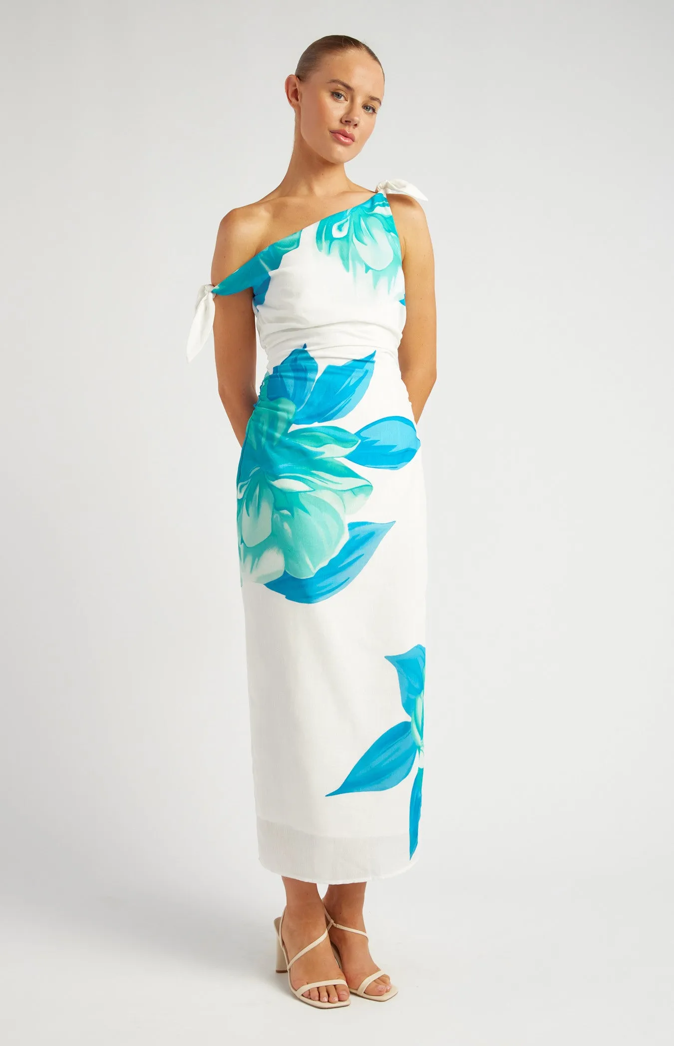 Floral Faux Linen Shoulder Tie Detail Midi Dress - Blue Teal