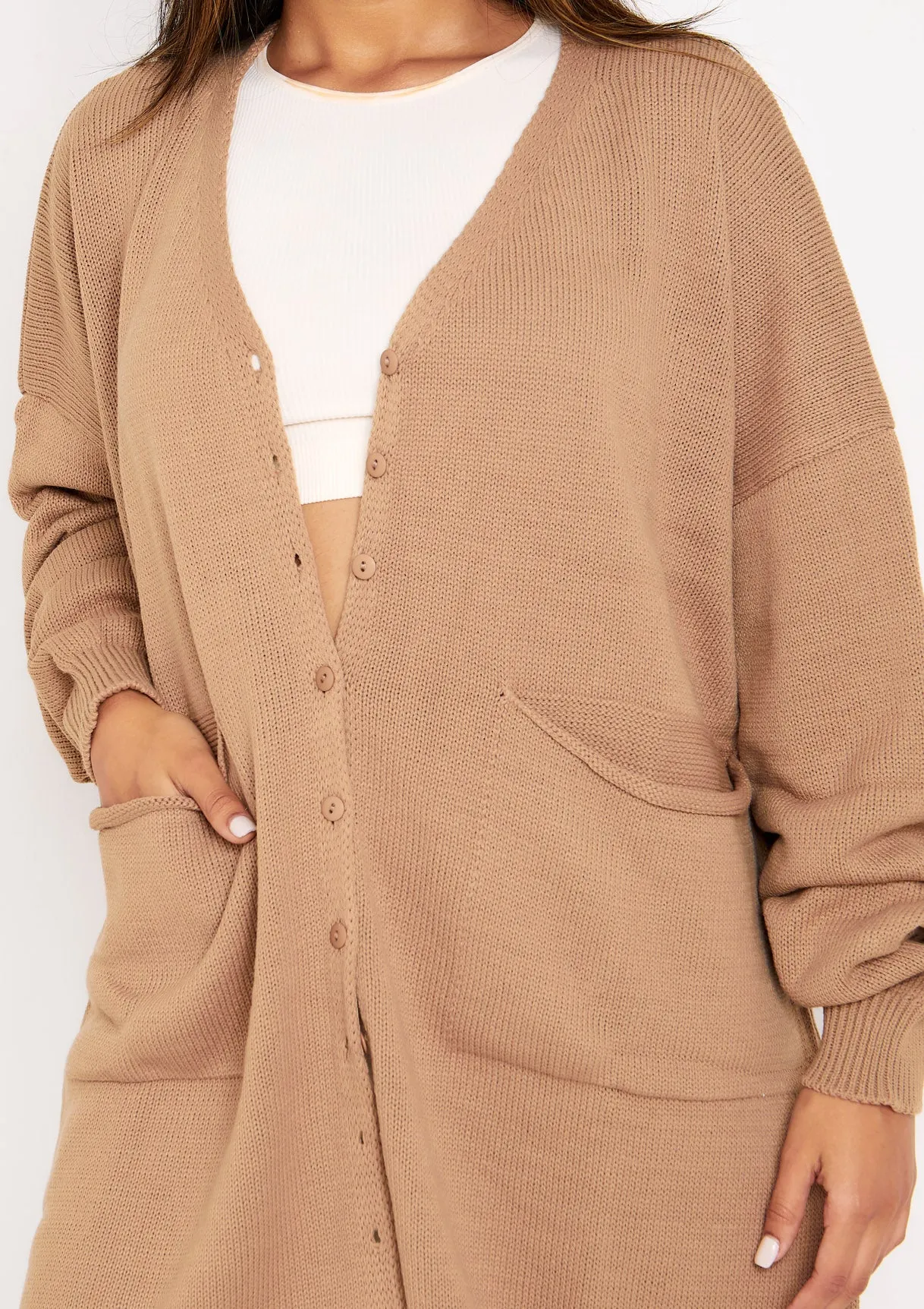 Freya Mocha Knitted Oversized Button Through V-Neck Cardigan Dress