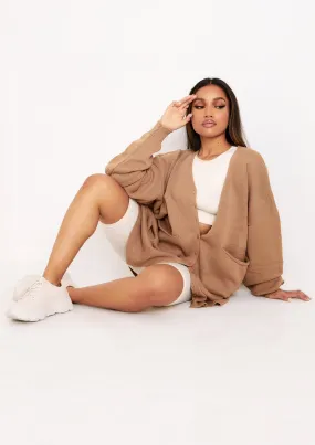 Freya Mocha Knitted Oversized Button Through V-Neck Cardigan Dress