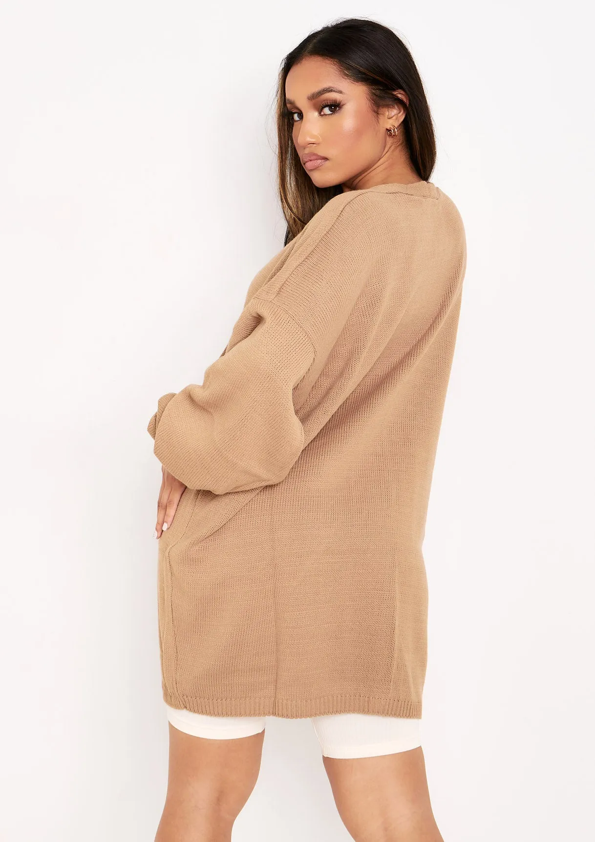 Freya Mocha Knitted Oversized Button Through V-Neck Cardigan Dress