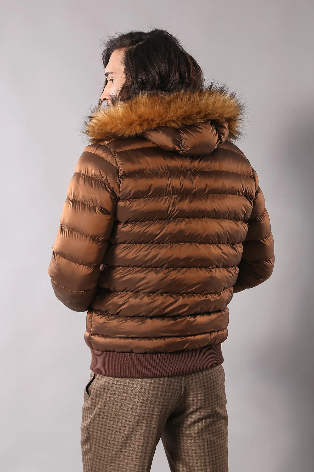 Fur Hooded Men's Puffer Coat in Tan | Wessi