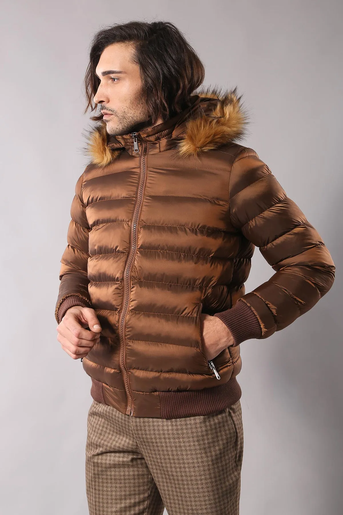 Fur Hooded Men's Puffer Coat in Tan | Wessi