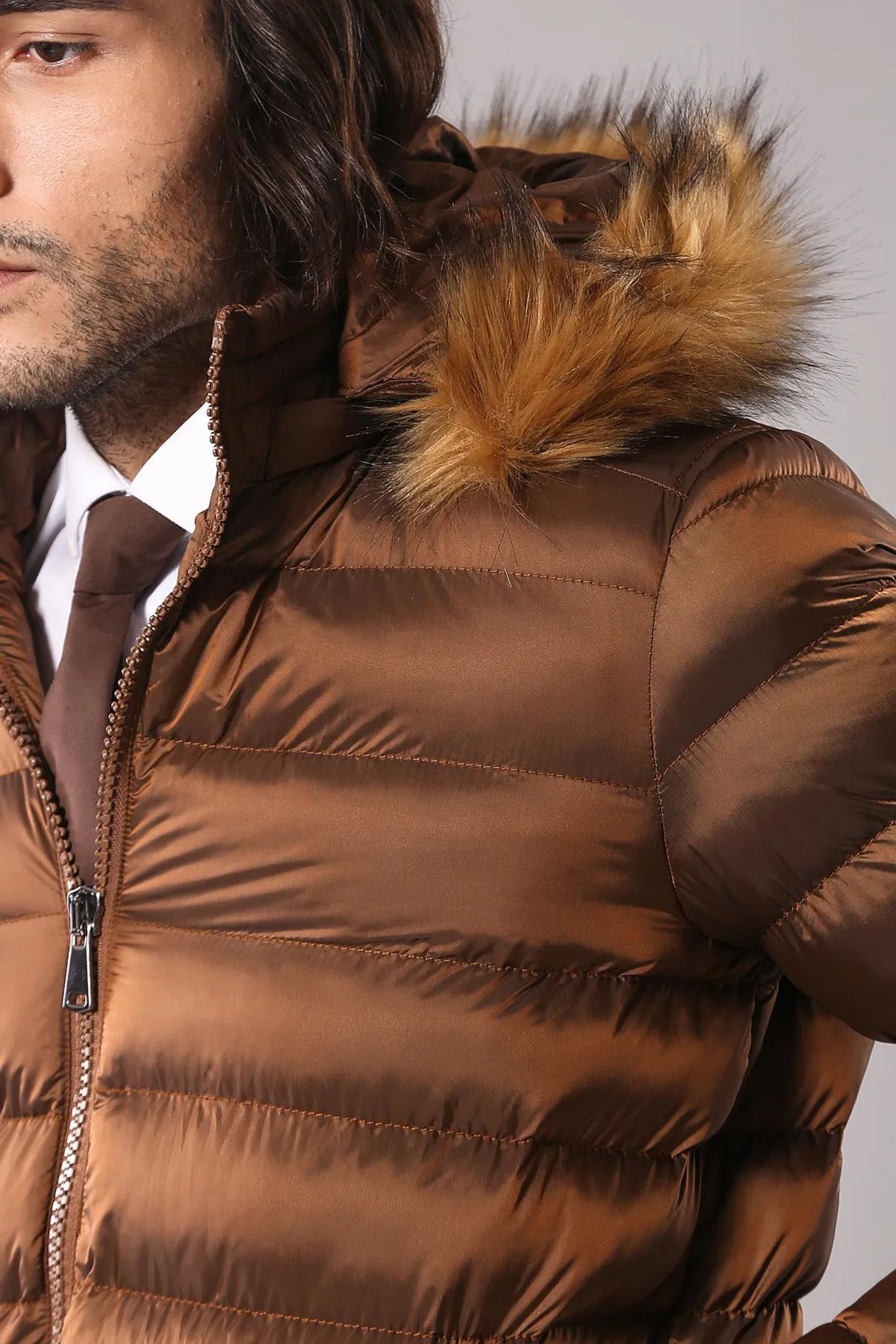 Fur Hooded Men's Puffer Coat in Tan | Wessi