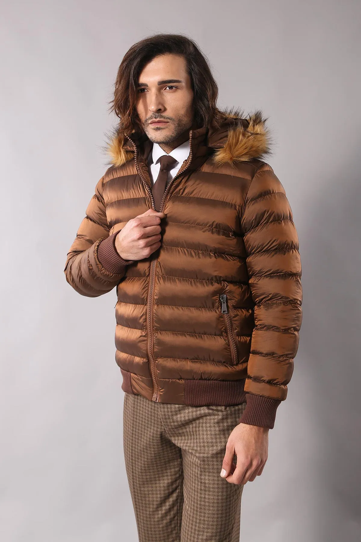 Fur Hooded Men's Puffer Coat in Tan | Wessi