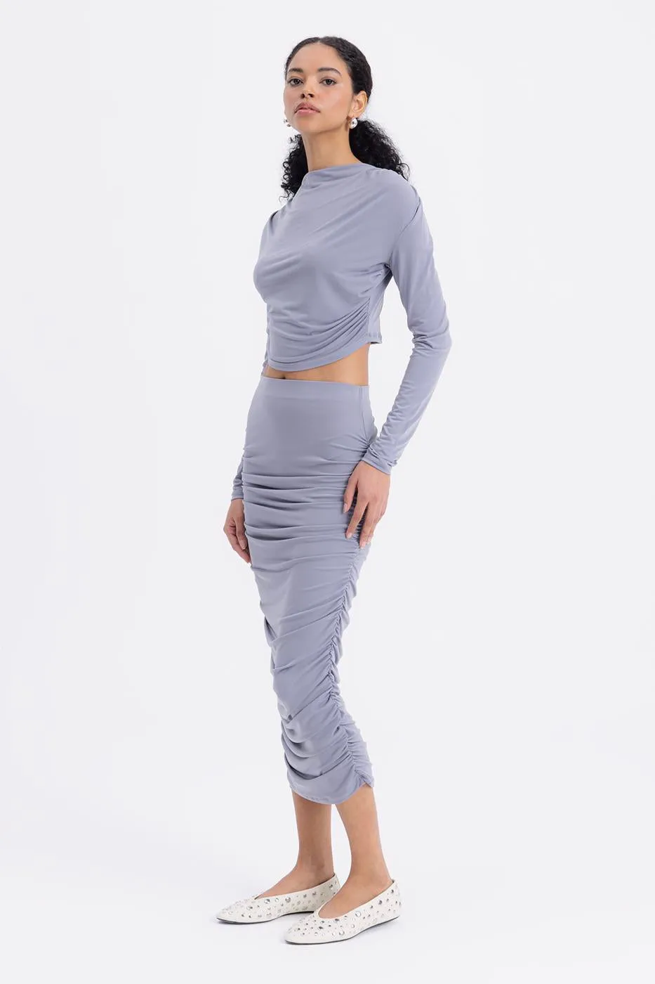 Gray Draped Midi Pencil Skirt