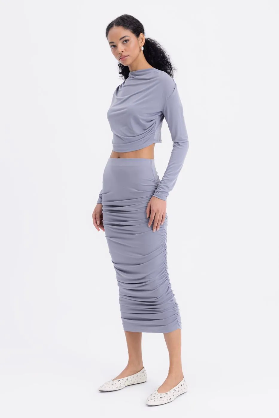 Gray Draped Midi Pencil Skirt