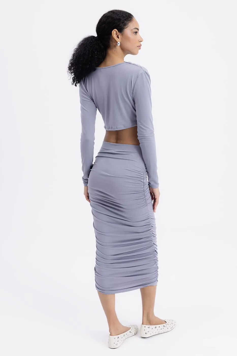 Gray Draped Midi Pencil Skirt