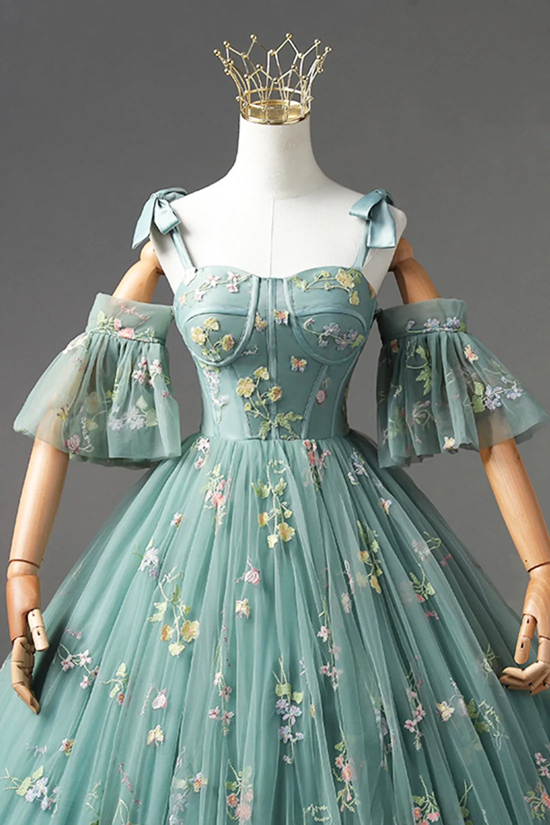 Green Floral Tulle Long Prom Dress, Off Shoulder Evening Party Dress