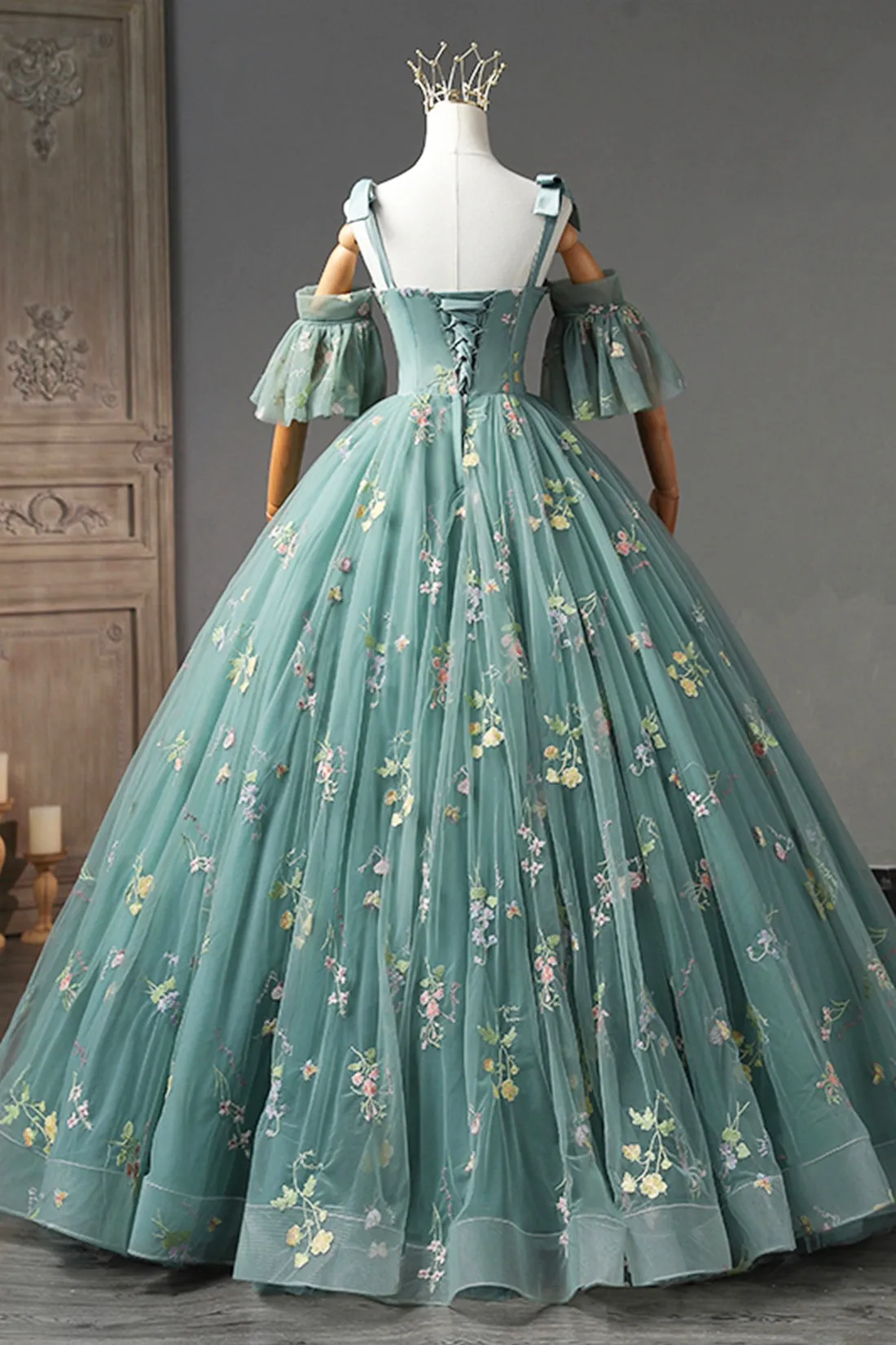 Green Floral Tulle Long Prom Dress, Off Shoulder Evening Party Dress