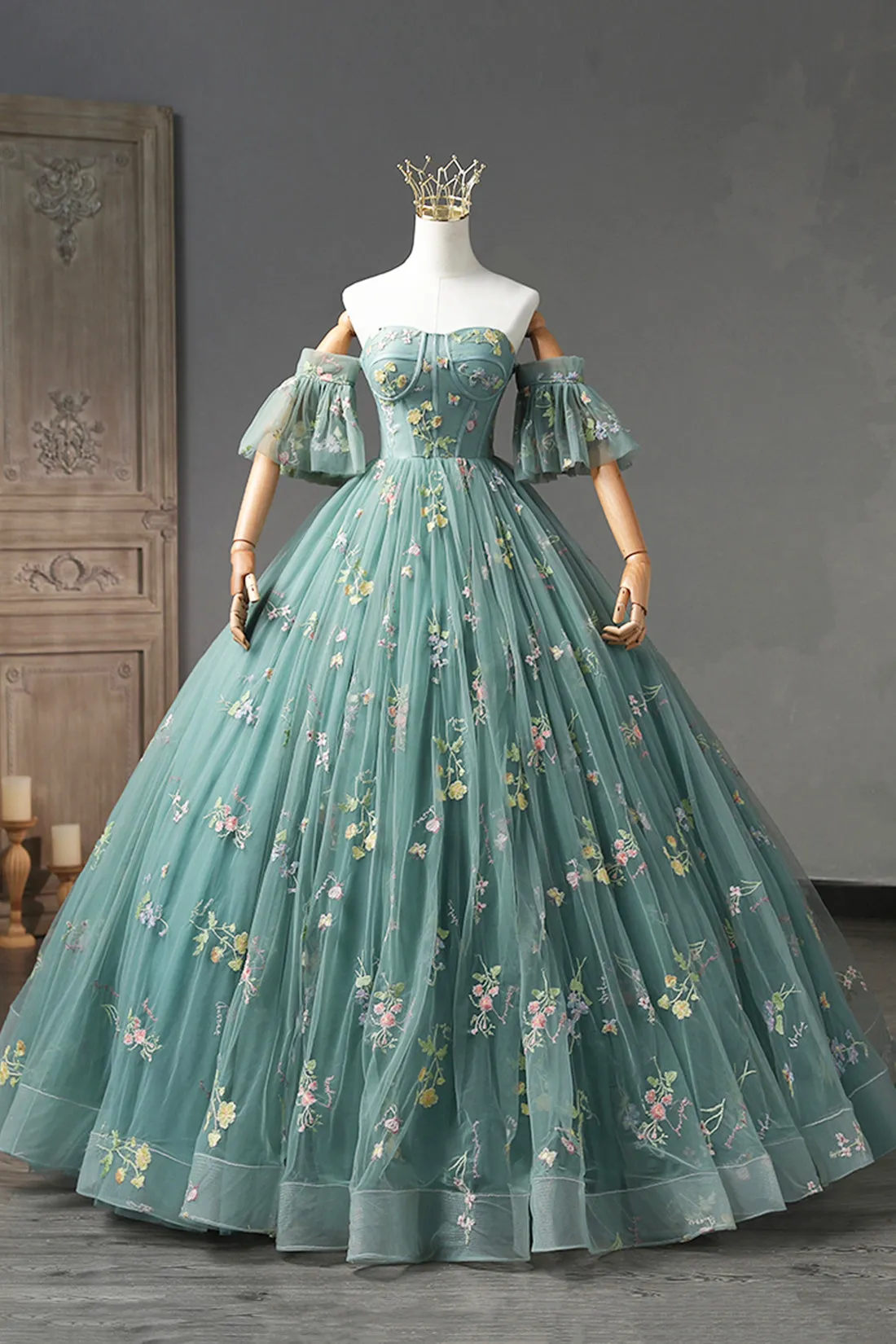 Green Floral Tulle Long Prom Dress, Off Shoulder Evening Party Dress