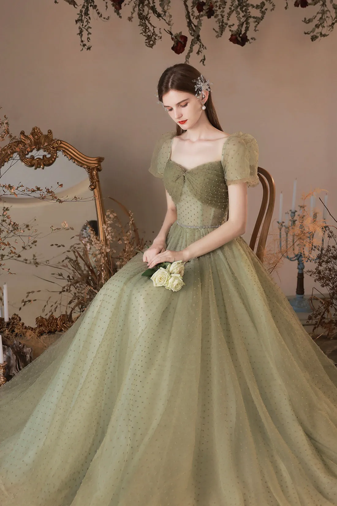 Green Tulle Long A-Line Prom Dress, Cute Evening Dress
