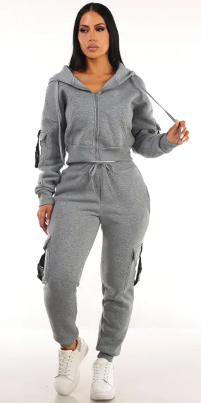 Grey Fleece Cargo Joggers Look