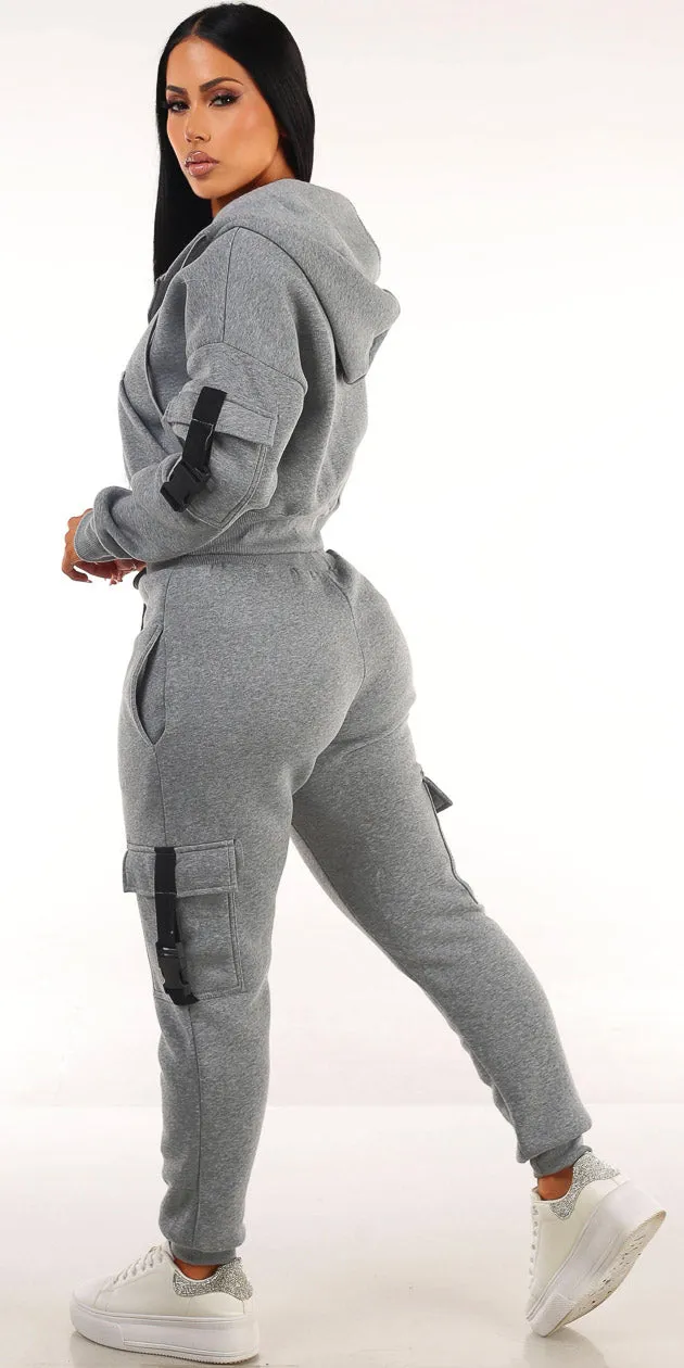 Grey Fleece Cargo Joggers Look
