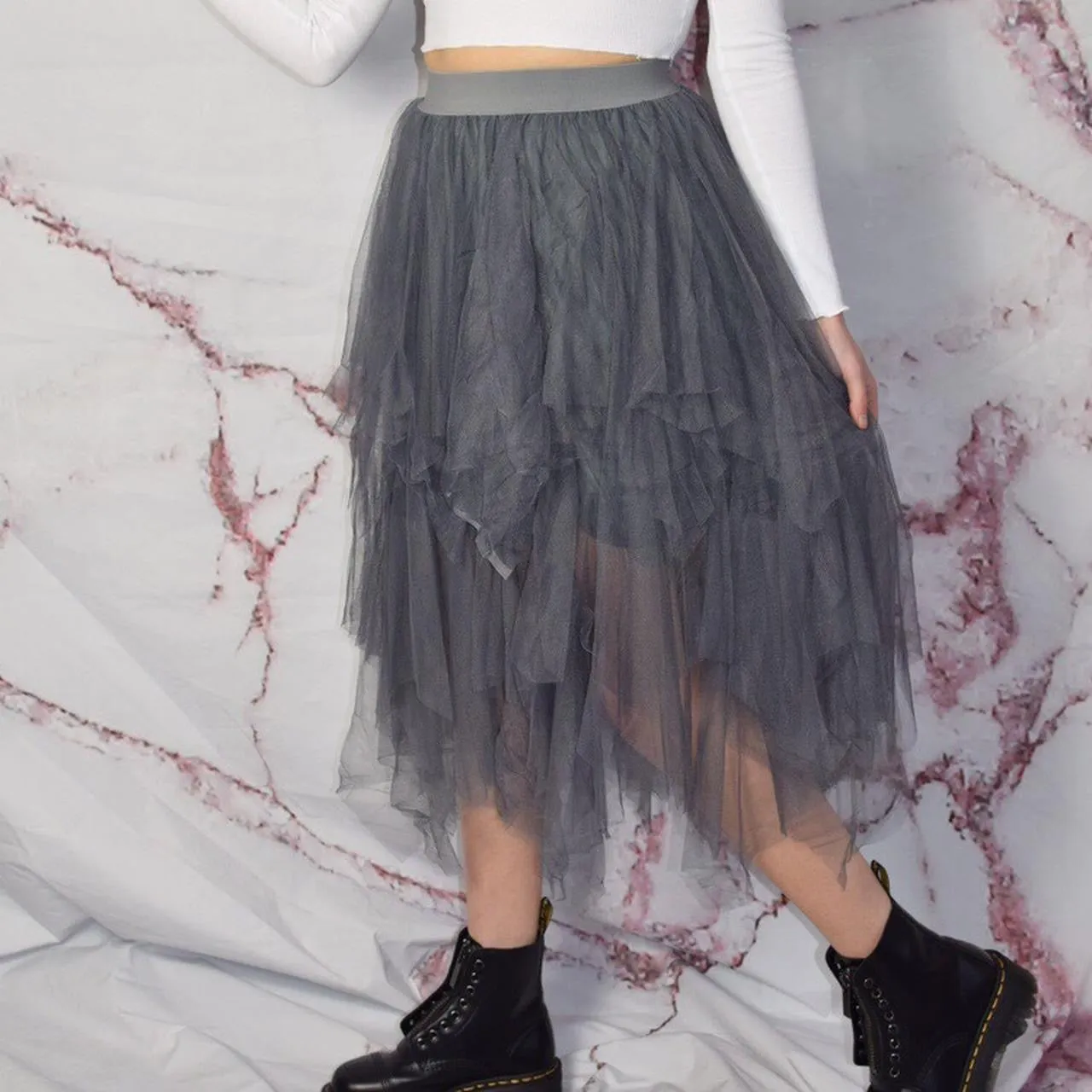 Grey Mesh Tiered Floaty Midi Maxi Skirt