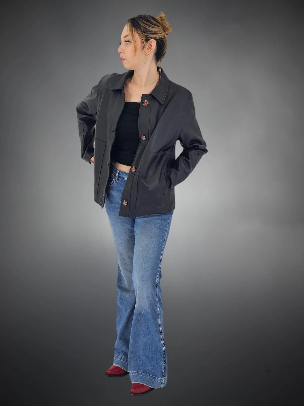 Handcrafted Oversized Sheepskin Leather Trucker Jacket – Stylish & Timeless Red Stitch