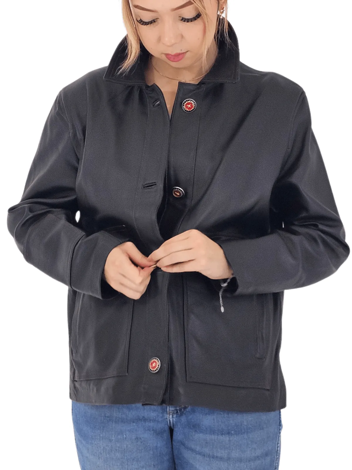 Handcrafted Oversized Sheepskin Leather Trucker Jacket – Stylish & Timeless Red Stitch