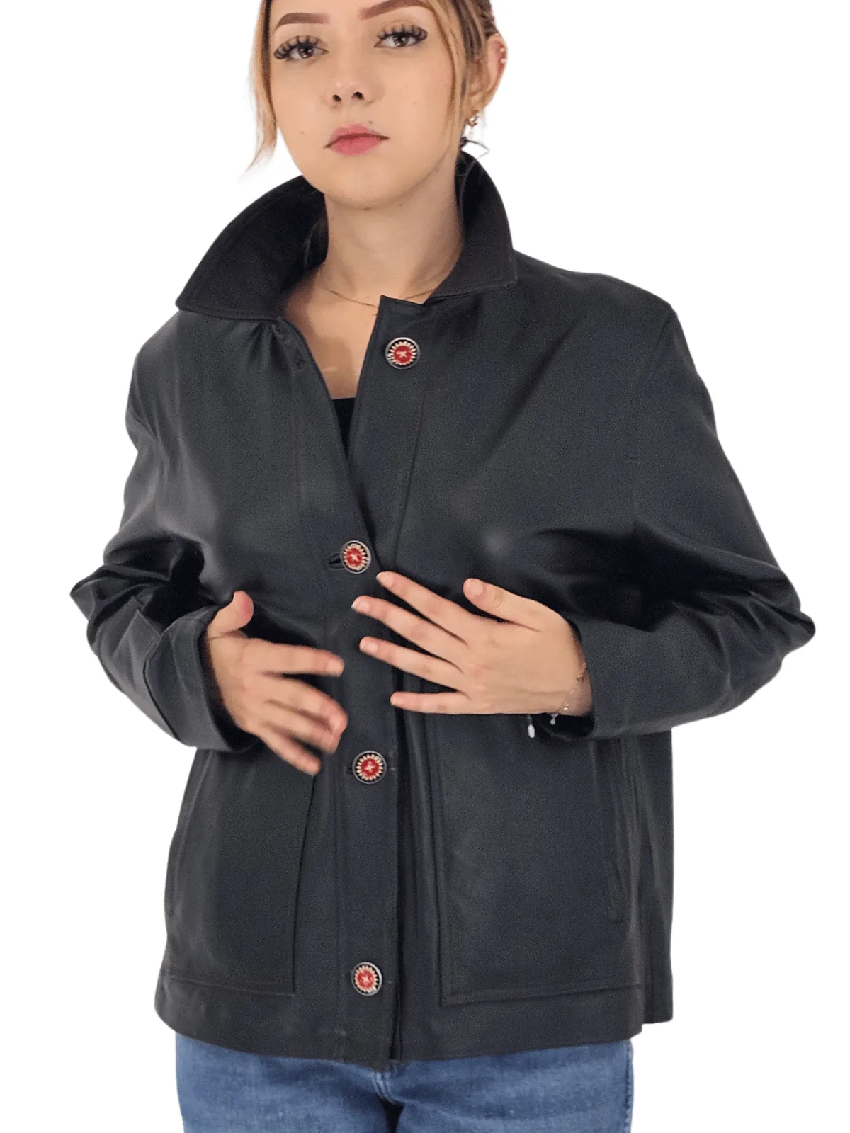 Handcrafted Oversized Sheepskin Leather Trucker Jacket – Stylish & Timeless Red Stitch