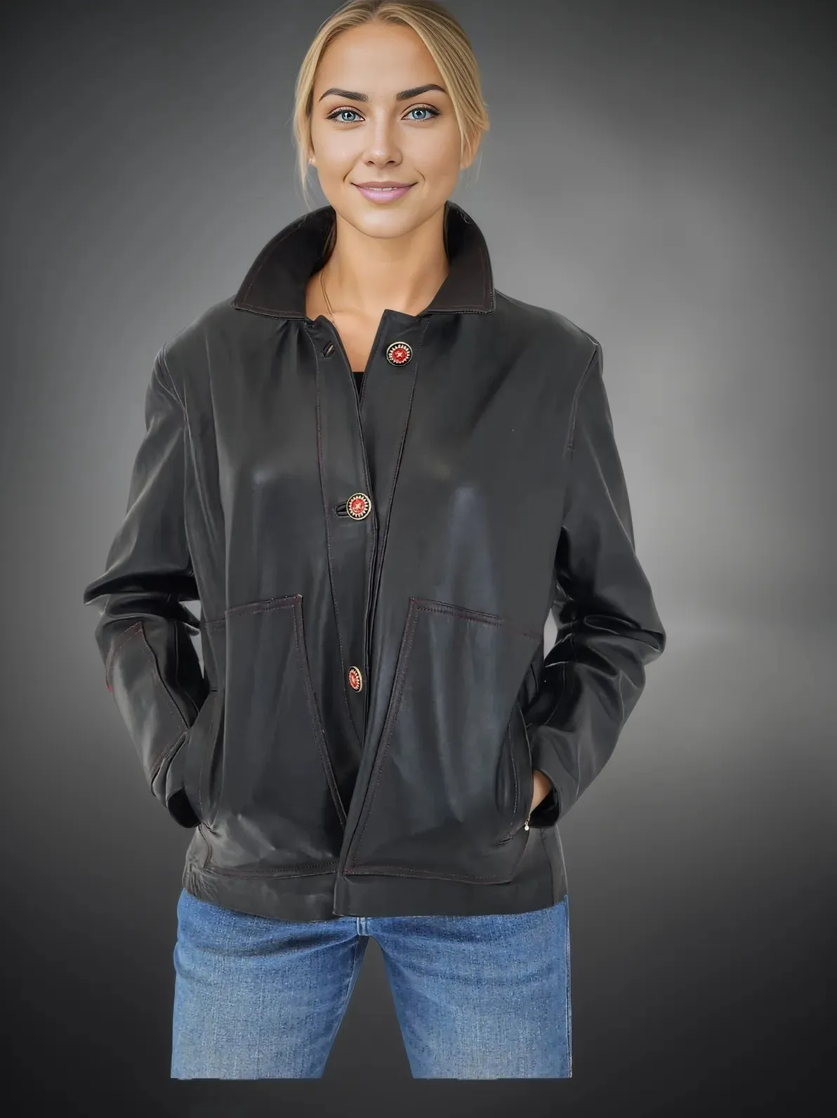 Handcrafted Oversized Sheepskin Leather Trucker Jacket – Stylish & Timeless Red Stitch
