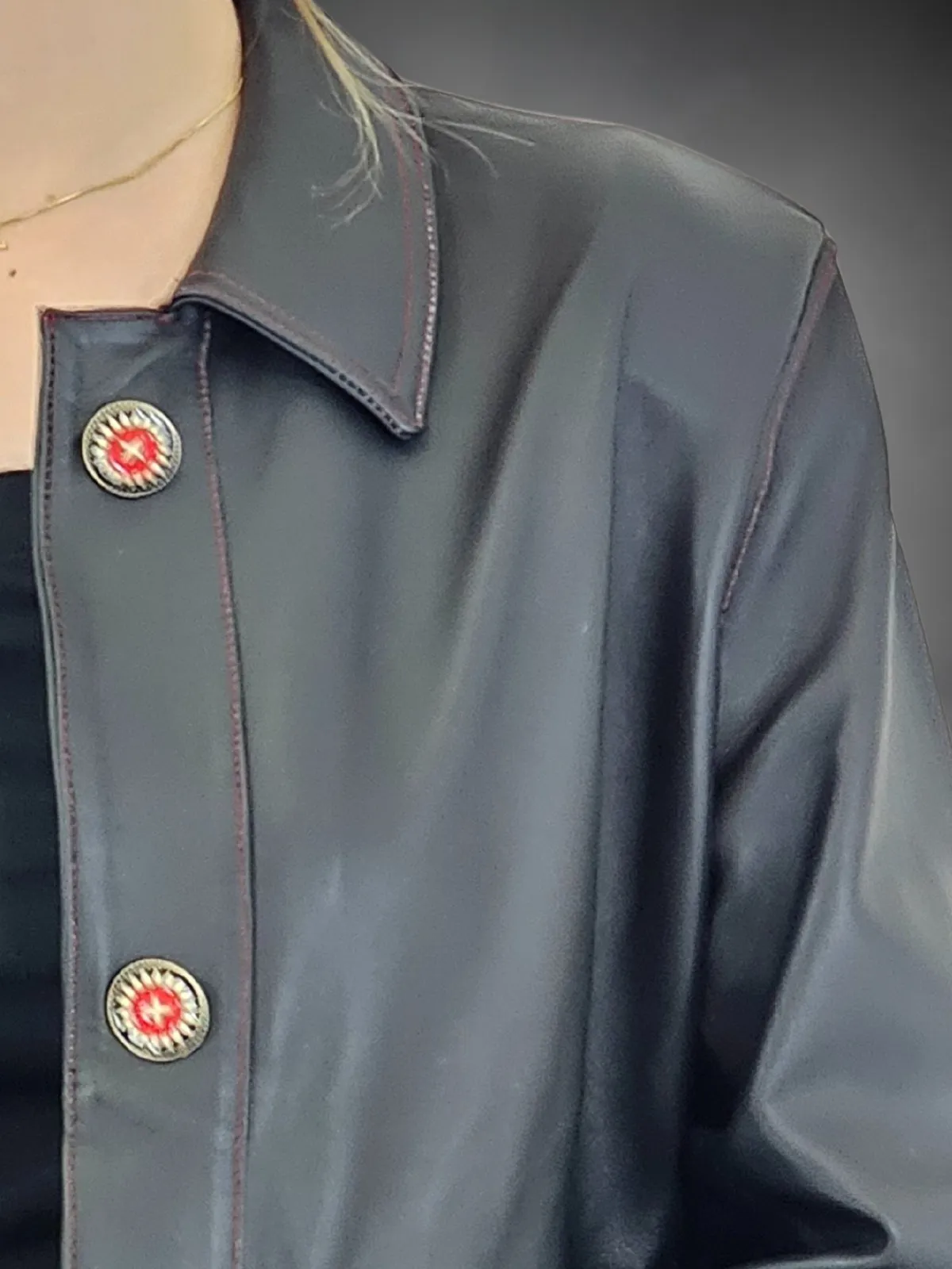 Handcrafted Oversized Sheepskin Leather Trucker Jacket – Stylish & Timeless Red Stitch