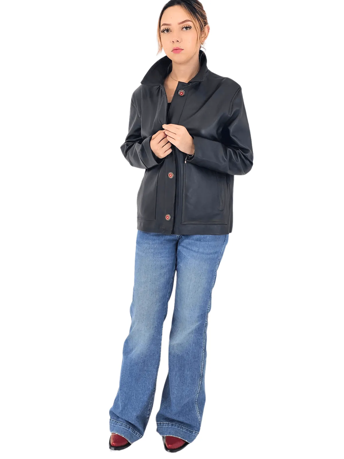 Handcrafted Oversized Sheepskin Leather Trucker Jacket – Stylish & Timeless Red Stitch