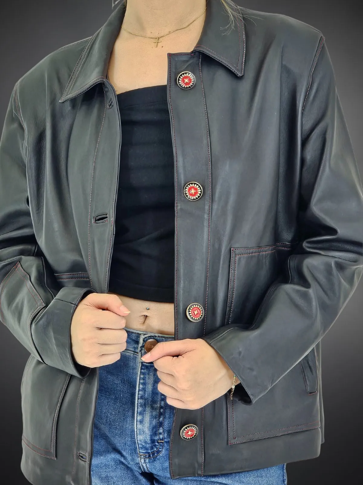 Handcrafted Oversized Sheepskin Leather Trucker Jacket – Stylish & Timeless Red Stitch
