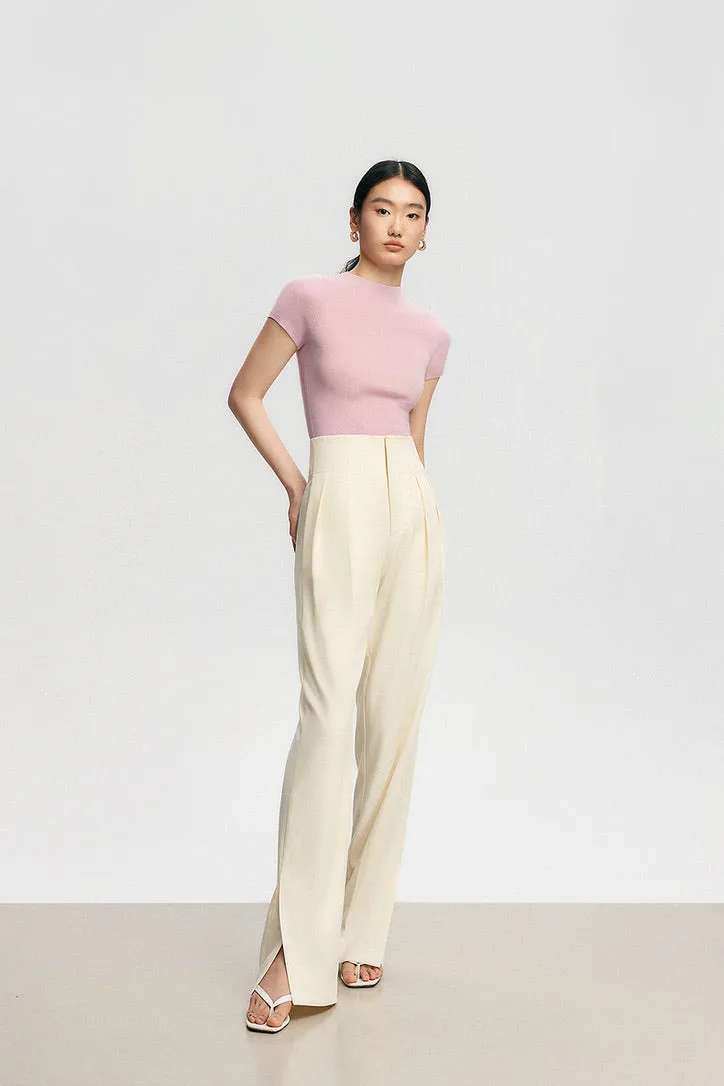 High Waist Split Hem Tailored Trousers in Cream