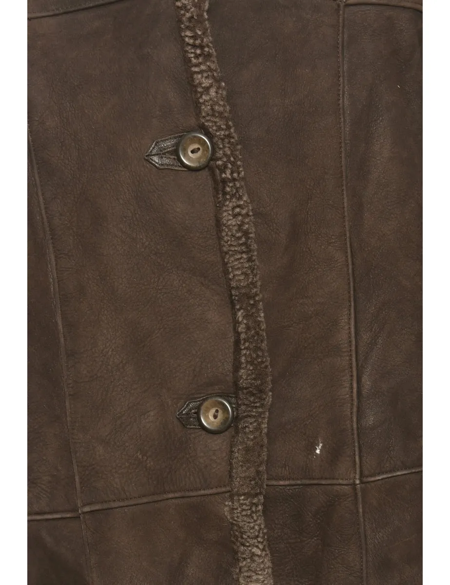 Hooded Dark Brown Suede Sherling Coat - M
