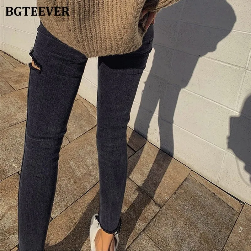 Irregular Ripped Holes Women Pencil Denim Jeans Stylish High Waist Stretched