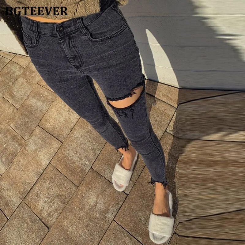 Irregular Ripped Holes Women Pencil Denim Jeans Stylish High Waist Stretched