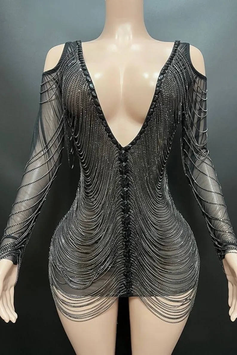 Jessica Bara Amra Crystal Fringe Long Sleeve Mini Dress