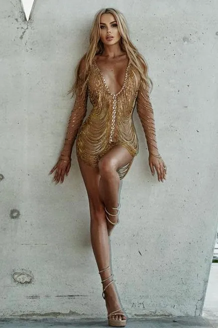 Jessica Bara Amra Crystal Fringe Long Sleeve Mini Dress